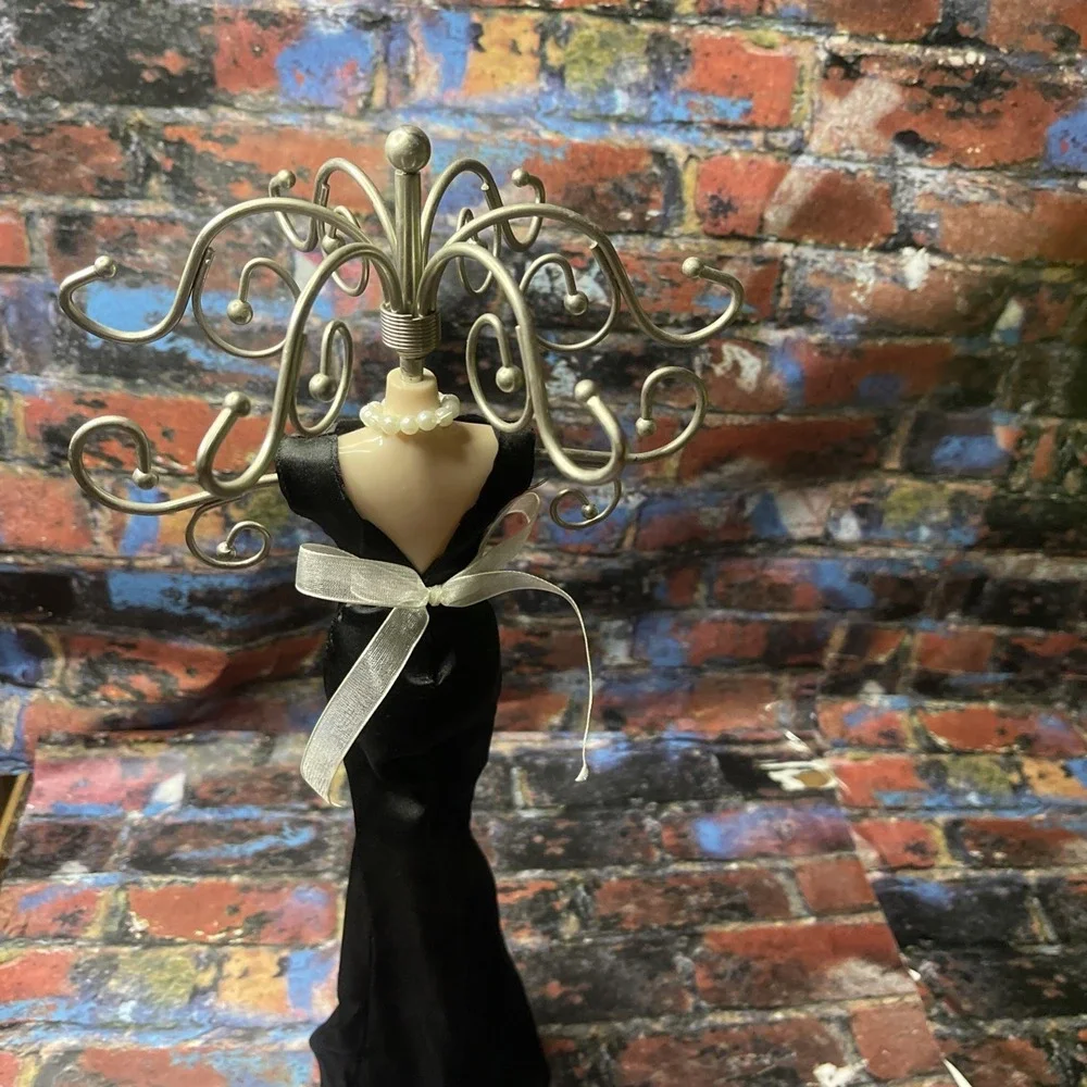 Dress Form Hanging Jewelry Stand Black/Silver Metal & Fabric 15 Inches Tall